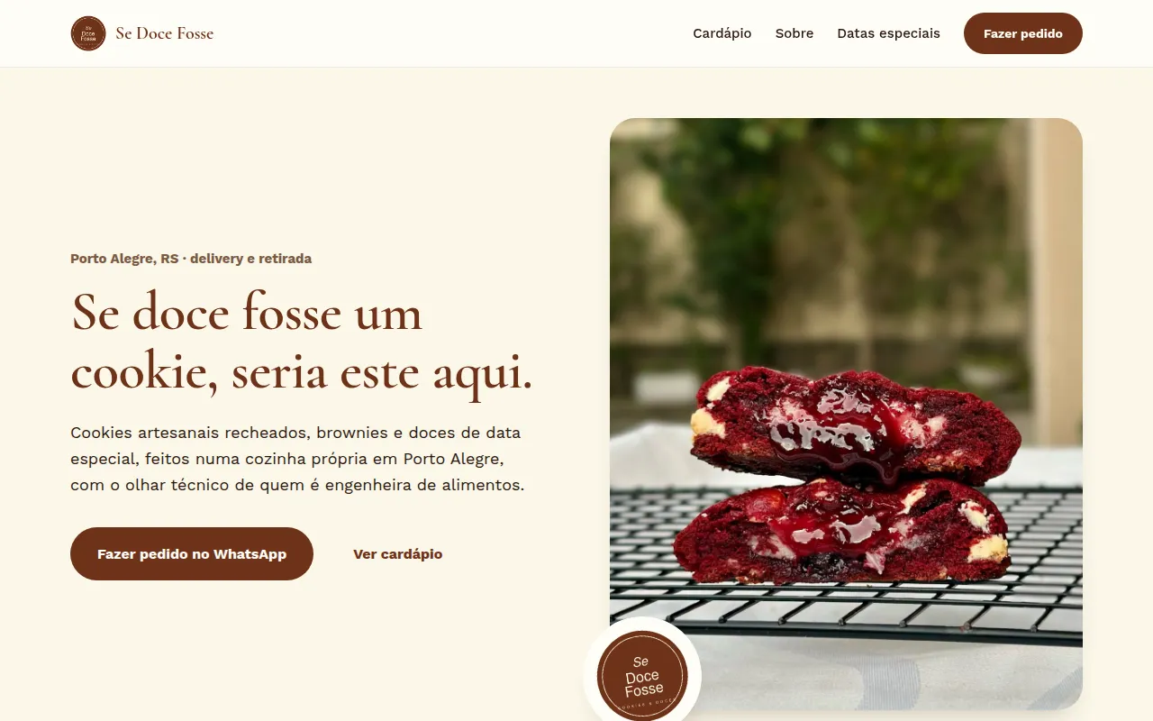 Site da Se Doce Fosse com cardápio de cookies